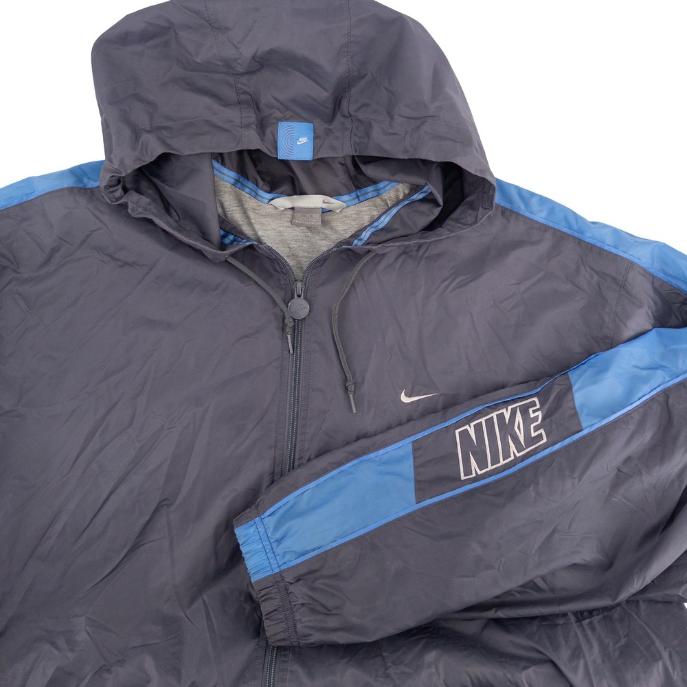 Vintage 90s Nike Mens XXL Lined Hooded Full Zip Windbreaker Grey Blue Spellout
